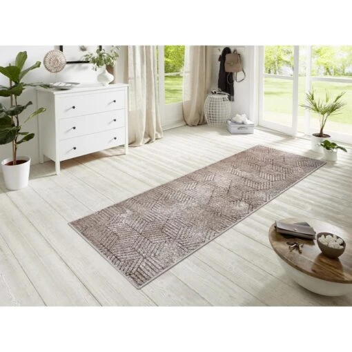 Kurzflor Läufer Polygon Braun Taupe Creme – Bild 2