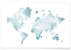 Poster "World Map Watercolour" In Blau & Weiß